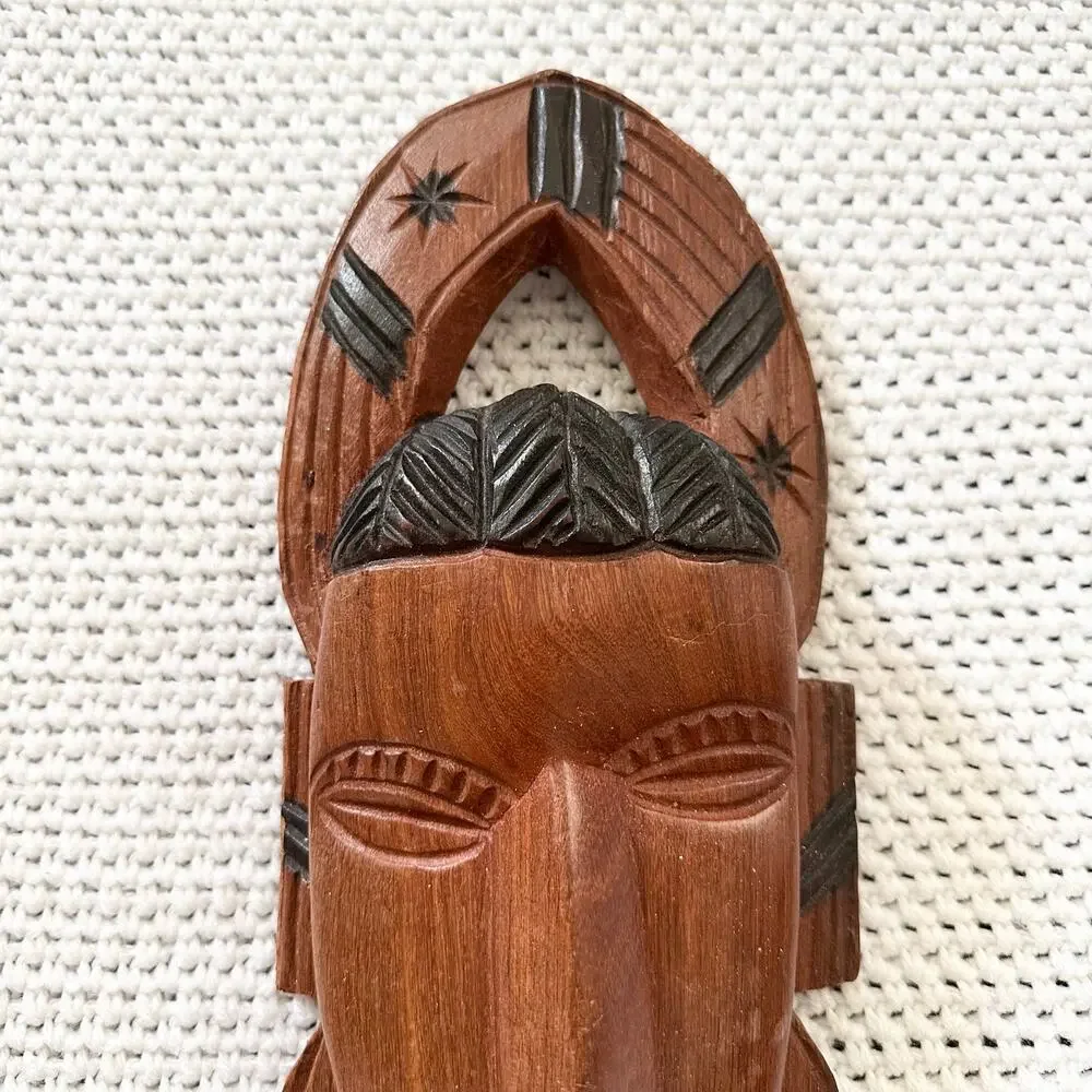 Tribal Primitive Ethnic Long Hand Carved Wooden Face Mask Stars Halo African Vtg